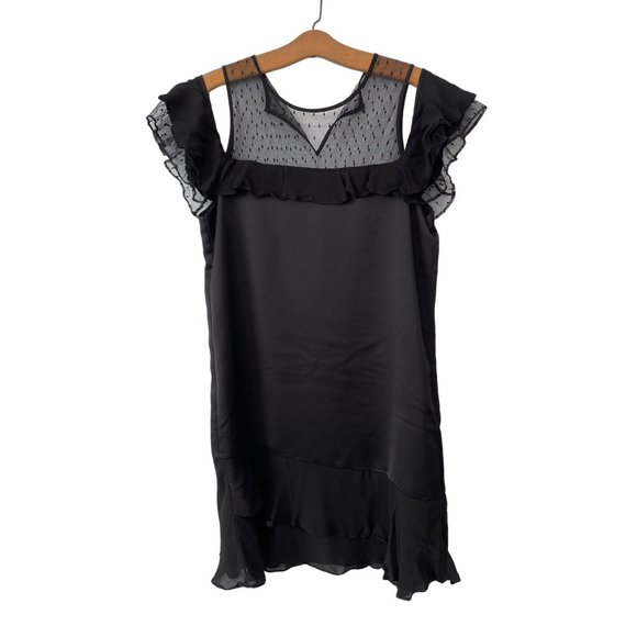Parker Quinn Cold Shoulder Dress Black Ruffle Hem Mesh Bodice Sheath Womens S - Picture 2 of 8